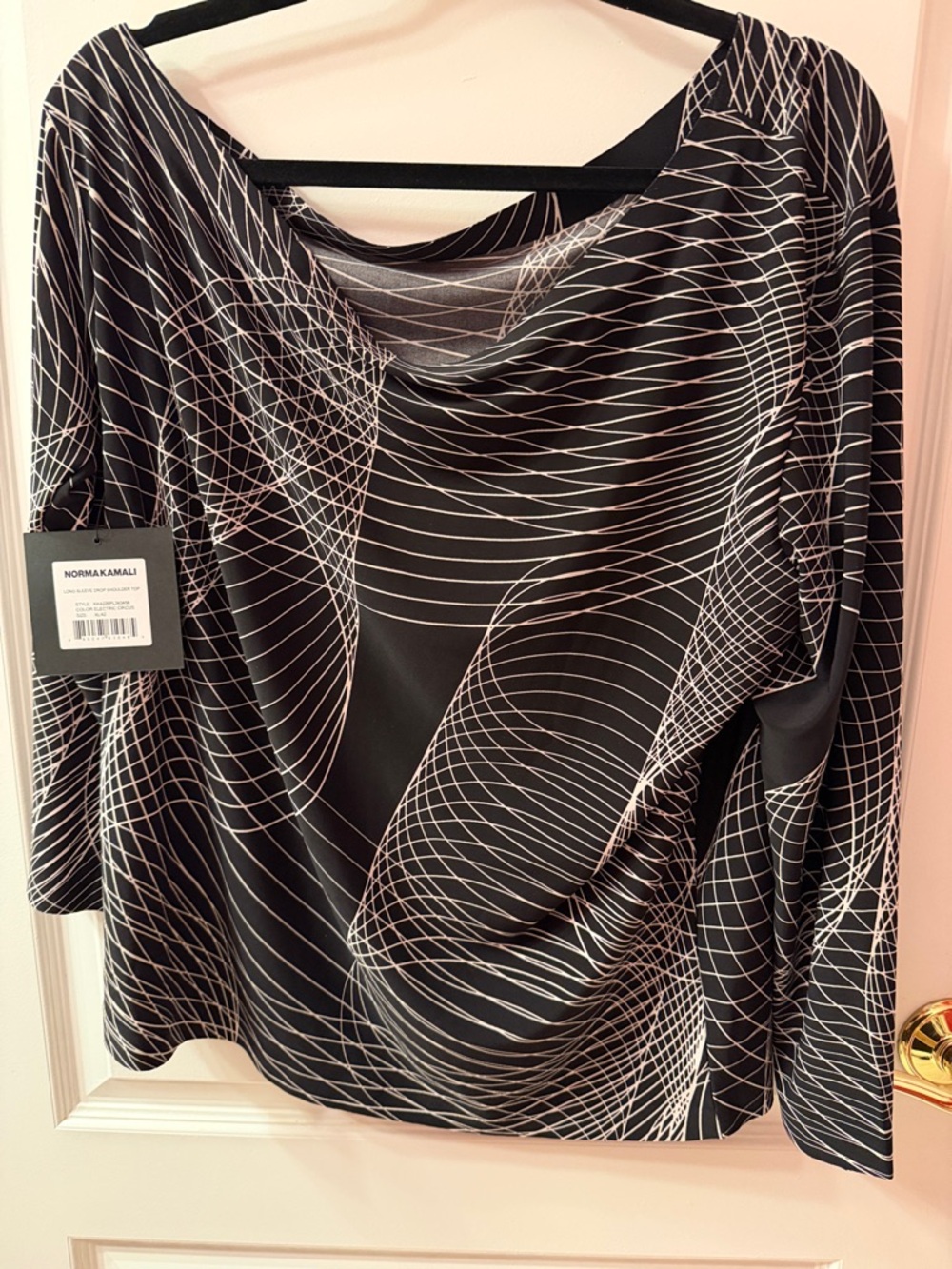 Norma Kamali Black & White Draped Cowl Neck Long Sleeve Top